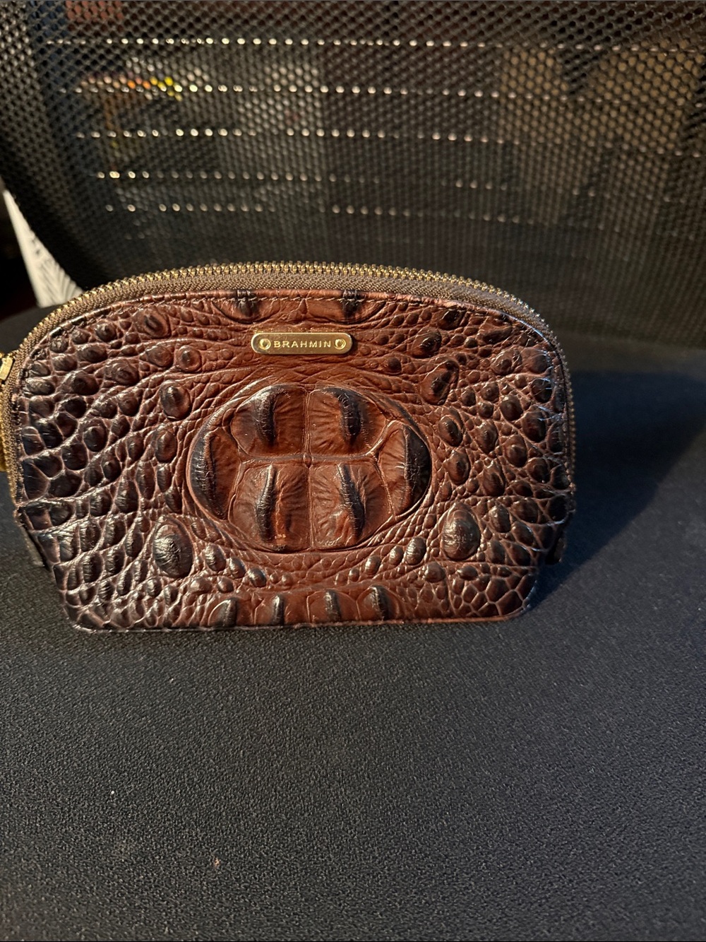 Brahmin Brown Croc-Embossed Leather Coin Pouch with Gold Accent